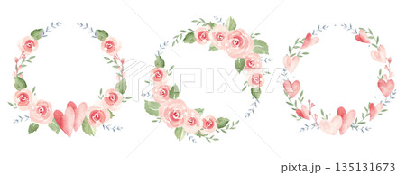 Valentine's day or wedding wreaths set with hearts, pink roses and branches. Circle Frames, Borders. Watercolor painting isolated on a white background. Love and Romantic illustration for cards Valentine's day or wedding wreaths set with hearts, pink roses and branches. Circle Frames, Borders. Watercolor painting isolated on a white background. Love and Romantic illustration for cards 135131673