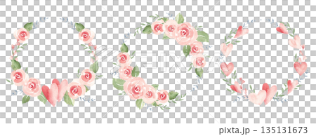 Valentine's day or wedding wreaths set with hearts, pink roses and branches. Circle Frames, Borders. Watercolor painting isolated on a white background. Love and Romantic illustration for cards Valentine's day or wedding wreaths set with hearts, pink roses and branches. Circle Frames, Borders. Watercolor painting isolated on a white background. Love and Romantic illustration for cards 135131673