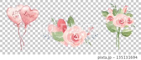 St. Valentine day or wedding compositions set with air balloons, roses bouquets and hearts. Watercolor hand drawn illustration isolated on a white background. Romantic design elements for prints St. Valentine day or wedding compositions set with air balloons, roses bouquets and hearts. Watercolor hand drawn illustration isolated on a white background. Romantic design elements for prints 135131694