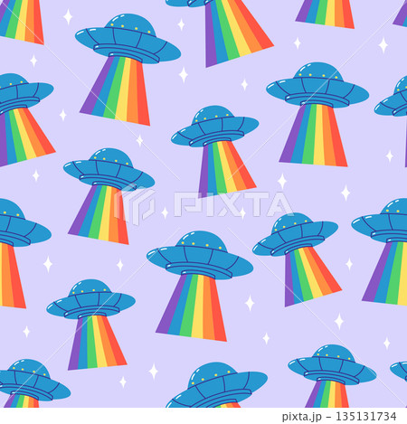 Seamless UFO Pattern with Rainbow Beams 135131734