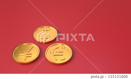 赤背景に輝く金貨3種（ドル・円・ユーロ） 3DCG 成功・富のイメージ 135131800
