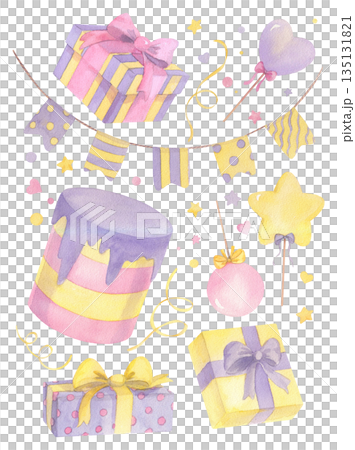 Birthday watercolor collection. Handmade illustration of birthday cake, garland of flags, serpentines, gifts, confetti and lollipops. For packing paper, greeting cards, decoration and illustration. Birthday watercolor collection. Handmade illustration of birthday cake, garland of flags, serpentines, gifts, confetti and lollipops. For packing paper, greeting cards, decoration and illustration. 135131821