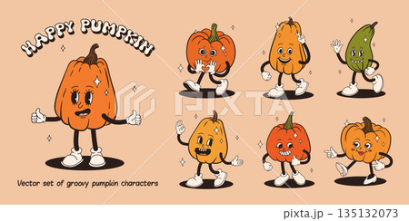 Groovy retro Happy Halloween character. Funky orange pumpkin with happy face in trendy vintage 50s, 60s, 70s style. Cute cartoon vector illustration on background Groovy retro Happy Halloween character. Funky orange pumpkin with happy face in trendy vintage 50s, 60s, 70s style. Cute cartoon vector illustration on background 135132073