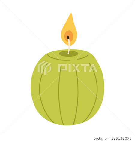 Various Candles. Different shapes and sizes. Pillar, jar candle, square, container candle, heart shaped. Decorative wax candles for relax and spa. Matches, candle snuffer. Hand drawn Vector set 135132079
