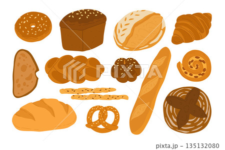 Set of fresh breads. Breads and pastry banner. Whole grain and wheat bread, pretzel, ciabatta, croissant, french baguette for bakery menu design. 135132080