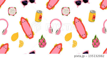 Seamless pattern with summer Icons for tropical vacation. Flat vector seasonal collection with ice cream, pineapple, tropic leaves, plumeria, watermelon, surfboard, beach accessories, swimsuit 135132082