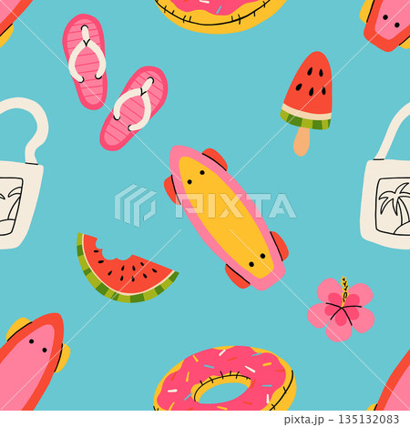 Seamless pattern with summer Icons for tropical vacation. Flat vector seasonal collection with ice cream, pineapple, tropic leaves, plumeria, watermelon, surfboard, beach accessories, swimsuit 135132083
