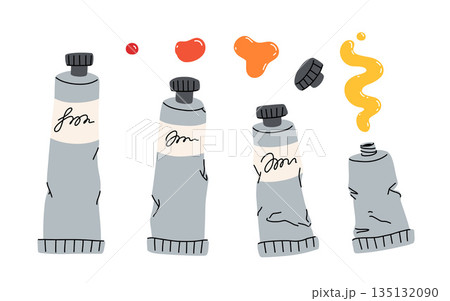 Paint tubes of different colors. Bright acrylic, watercolor or oil dye. Drawing materials. Art stationery. School supplies for painting. Flat isolated vector illustration on white background 135132090