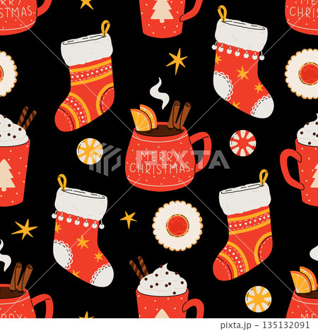 Christmas and Happy New Year seamless pattern. Mugs of cacao with whipped cream, marshmallow and candy cane. Greeting card for Xmas, New year or winter holidays. Vector design template. 135132091