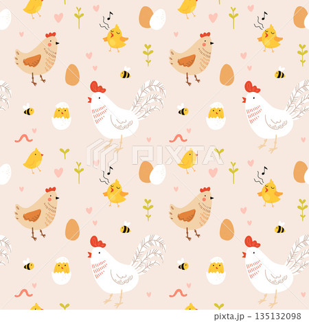 Seamless pattern with rooster, hen and chicks. Chicken with brood. Cute lovely family of domestic fowl or poultry birds. Childish flat cartoon vector illustration. Seamless pattern with rooster, hen and chicks. Chicken with brood. Cute lovely family of domestic fowl or poultry birds. Childish flat cartoon vector illustration. 135132098