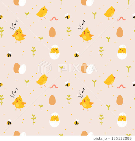 Seamless pattern with rooster, hen and chicks. Chicken with brood. Cute lovely family of domestic fowl or poultry birds. Childish flat cartoon vector illustration. Seamless pattern with rooster, hen and chicks. Chicken with brood. Cute lovely family of domestic fowl or poultry birds. Childish flat cartoon vector illustration. 135132099