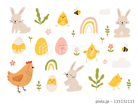 Vector color hand-drawn children cute easter set with hens, bunny, easter eggs, flowers in scandinavian style on a white background. Easter set. Spring. Happy easter. Vector color hand-drawn children cute easter set with hens, bunny, easter eggs, flowers in scandinavian style on a white background. Easter set. Spring. Happy easter. 135132115