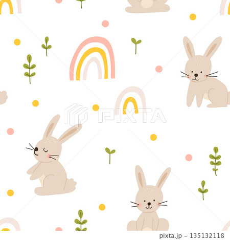 Vector color hand-drawn children cute easter seamless pattern with hens, bunny, easter eggs, flowers in scandinavian style. Easter colorful set. Doodle cartoon spring background. Happy easter. Vector color hand-drawn children cute easter seamless pattern with hens, bunny, easter eggs, flowers in scandinavian style. Easter colorful set. Doodle cartoon spring background. Happy easter. 135132118