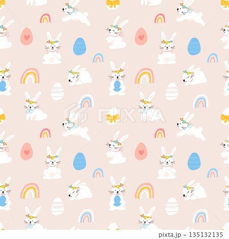 Vector color hand-drawn children cute easter seamless pattern with hens, bunny, easter eggs, flowers in scandinavian style. Easter colorful set. Doodle cartoon spring background. Happy easter. 135132135