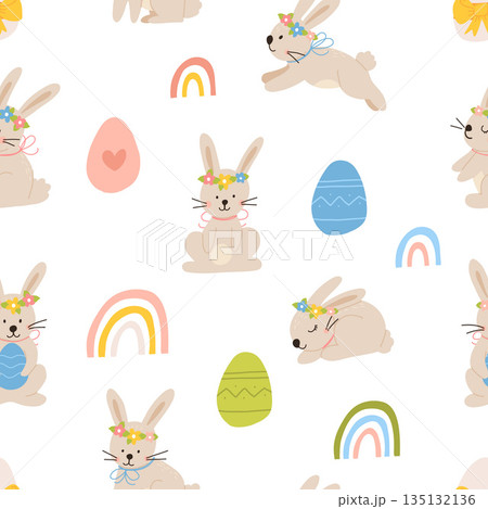 Vector color hand-drawn children cute easter seamless pattern with hens, bunny, easter eggs, flowers in scandinavian style. Easter colorful set. Doodle cartoon spring background. Happy easter. 135132136