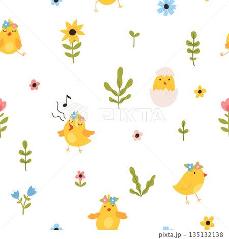 Vector color hand-drawn children cute easter seamless pattern with hens, bunny, easter eggs, flowers in scandinavian style. Easter colorful set. Doodle cartoon spring background. Happy easter. Vector color hand-drawn children cute easter seamless pattern with hens, bunny, easter eggs, flowers in scandinavian style. Easter colorful set. Doodle cartoon spring background. Happy easter. 135132138