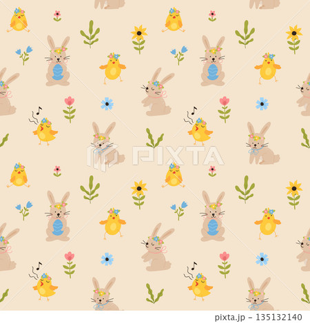 Vector color hand-drawn children cute easter seamless pattern with hens, bunny, easter eggs, flowers in scandinavian style. Easter colorful set. Doodle cartoon spring background. Happy easter. Vector color hand-drawn children cute easter seamless pattern with hens, bunny, easter eggs, flowers in scandinavian style. Easter colorful set. Doodle cartoon spring background. Happy easter. 135132140