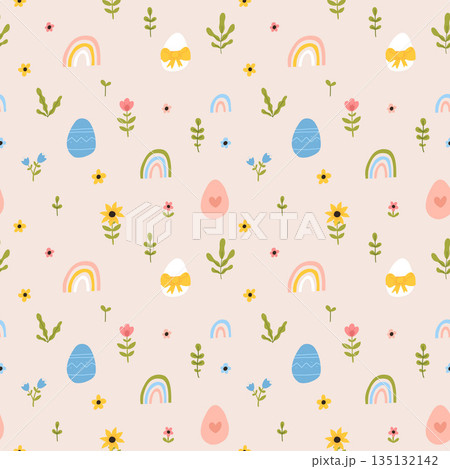 Vector color hand-drawn children cute easter seamless pattern with hens, bunny, easter eggs, flowers in scandinavian style. Easter colorful set. Doodle cartoon spring background. Happy easter. Vector color hand-drawn children cute easter seamless pattern with hens, bunny, easter eggs, flowers in scandinavian style. Easter colorful set. Doodle cartoon spring background. Happy easter. 135132142