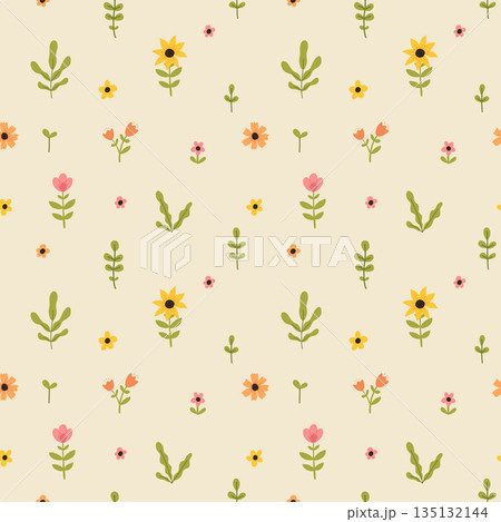 Vector color hand-drawn children cute easter seamless pattern with hens, bunny, easter eggs, flowers in scandinavian style. Easter colorful set. Doodle cartoon spring background. Happy easter. 135132144