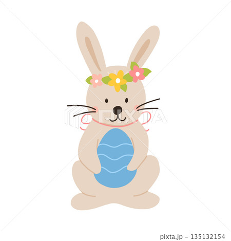 Vector color hand-drawn children cute easter poster with bunny, wreath of flowers in scandinavian style on a white background. Easter set. Spring. Happy easter. 135132154