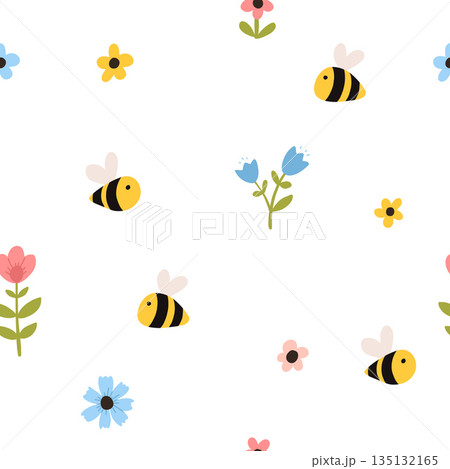 Vector color hand-drawn children cute easter seamless pattern with bees and flowers in scandinavian style. Easter colorful set. Doodle cartoon spring background. Happy easter. 135132165