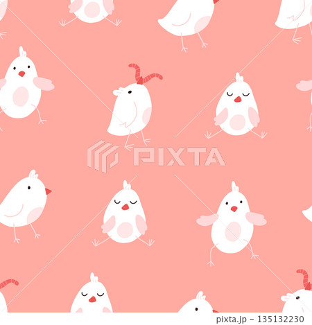 Seamless pattern with cute cartoon chicks. Easter festive illustration. Cute lovely family of domestic fowl or poultry birds. Childish flat cartoon vector illustration. Seamless pattern with cute cartoon chicks. Easter festive illustration. Cute lovely family of domestic fowl or poultry birds. Childish flat cartoon vector illustration. 135132230