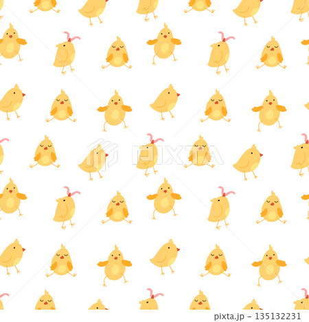 Seamless pattern with cute cartoon chicks. Easter festive illustration. Cute lovely family of domestic fowl or poultry birds. Childish flat cartoon vector illustration. 135132231