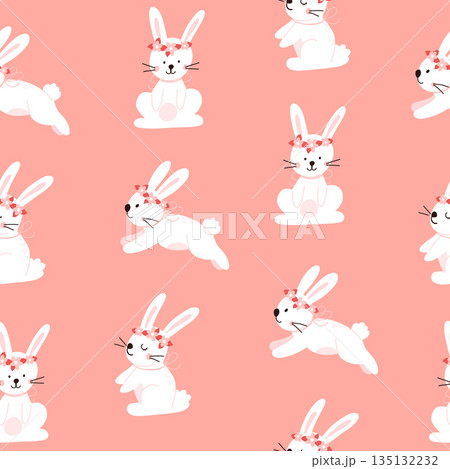 Vector color hand-drawn children cute easter seamless pattern with hens, bunny, easter eggs, flowers in scandinavian style. Easter colorful set. Doodle cartoon spring background. Happy easter. 135132232