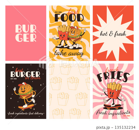Set of fast food posters. Retro groovy cards with street food characters. Brochure with funky groovy burger, french fries, soda, ice cream, donut, pie, coffee to go, sandwich. Fast food delivery 135132234