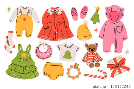 Christmas outfit for newborn or toddler girl. Winter Outfit for baby girl on xmas holidays. Cartoon vector Illustration with collection of warm clothes. Christmas outfit for newborn or toddler girl. Winter Outfit for baby girl on xmas holidays. Cartoon vector Illustration with collection of warm clothes. 135132240