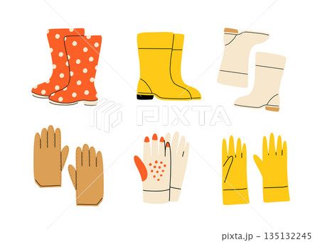 Set of gardening items in hand drawn cartoon style. Various rubber boots and garden gloves. Vector clip art illustration. 135132245
