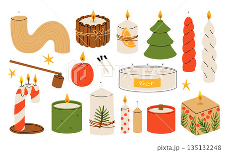 Christmas candles. Cartoon xmas decor burning candles, winter holidays wax candles with Christmas decorations, Noel home interior decor flat vector illustration set. Xmas candles collection 135132248