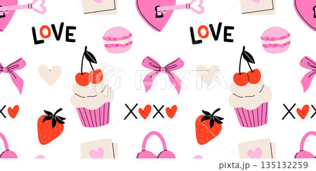 Valentine's Day seamless pattern with heart and other elements on a white background. Valentine's day, wedding and love concept. Vector background for wrapping paper, textile and others 135132259
