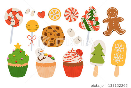 Set of sweets Various sweets, marshmallows, lollipops, cupcakes, candies for Thanksgiving and Christmas holidays. Confectionery, sweets and desserts Vector illustration on white 135132265