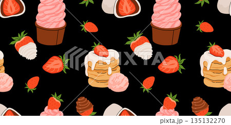 Strawberry flat vector seamless pattern. Summer drinks, sweets and desserts with taste of strawberries. Chocolate strawberry, cookie, sandwich, mochi, cheesecake, tanghulu. Strawberry flat vector seamless pattern. Summer drinks, sweets and desserts with taste of strawberries. Chocolate strawberry, cookie, sandwich, mochi, cheesecake, tanghulu. 135132270