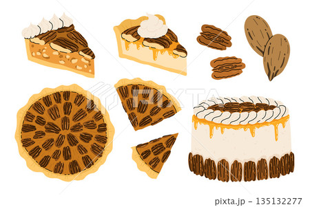 Pecan pie with whipped cream or ice cream cartoon set. Slice and whole pecan pie, pecan cake. Pecans nuts in shell in cute flat style. Pecan Pie appreciation day. 135132277