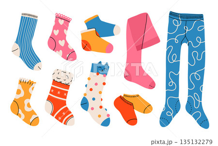 Big collection of trendy cotton, nylon, woolen, and sports socks with different patterns and textures. isolated flat illustrations on a white background. Clothing, apparel and garments set. 135132279