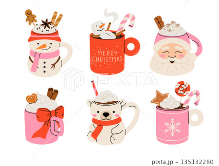 Christmas chocolate and eggnog drinks, winter holiday hot cups, vector icons. Christmas eggnog or milk punch beverages in cups and mugs, hot chocolate drinks for New Year and Xmas greeting card Christmas chocolate and eggnog drinks, winter holiday hot cups, vector icons. Christmas eggnog or milk punch beverages in cups and mugs, hot chocolate drinks for New Year and Xmas greeting card 135132280