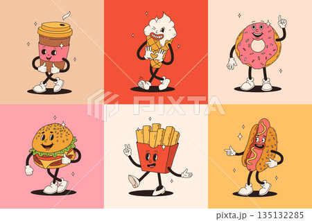 Set of fast food retro groovy cartoon character. Vintage mascot of burger, pizza, hot dog, ice cream, french fries, coffee to go, donut and soda with happy smile. Funky street food illustration 135132285