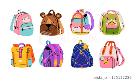 Set of childish school backpacks and schoolbags flat cartoon vector illustration. Collection of various kids bags isolated on white. Stylish accessories different shapes Set of childish school backpacks and schoolbags flat cartoon vector illustration. Collection of various kids bags isolated on white. Stylish accessories different shapes 135132286