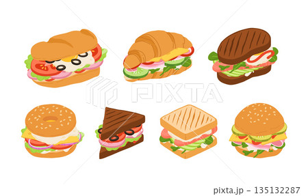 Sandwiches with Various Ingredients. Vector cartoon illustration of sub, sandwich, bagel, toast and burger with meat, cheese and vegetables. Sandwiches with Various Ingredients. Vector cartoon illustration of sub, sandwich, bagel, toast and burger with meat, cheese and vegetables. 135132287