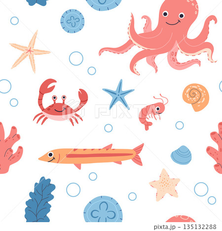Sea animals, fish, whale, jellyfish, shell, coral and seaweed, crab, starfish. Seamless pattern of hand drawn sea life creatures and elements. Vector doodle cartoon set of marine life objects. Sea animals, fish, whale, jellyfish, shell, coral and seaweed, crab, starfish. Seamless pattern of hand drawn sea life creatures and elements. Vector doodle cartoon set of marine life objects. 135132288