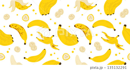 Banana seamless pattern. Trendy summer background. Vector illustration in hand drawn flat style. Vector print for fabric or wallpaper. 135132291