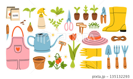 Set of gardening items in hand drawn cartoon style. Various agricultural and garden tools for spring work. Growing plants, flowers and herbs, seedling. Vector clip art illustration. 135132293