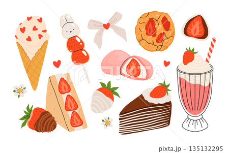 Strawberry set. Summer refreshing drinks, sweets and desserts with taste of strawberries. Chocolate strawberry. Flowers, petals, strawberries. Flat Vector illustration isolated on white background 135132295