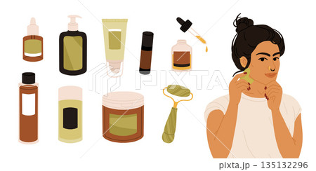 South Asian non binary person using gua sha tool, inclusive vector skincare self care routine illustration for beauty, diversity, and wellness South Asian non binary person using gua sha tool, inclusive vector skincare self care routine illustration for beauty, diversity, and wellness 135132296