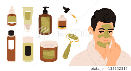 Man applying cosmetic serum or mask on his face, cartoon flat vector illustration isolated on white background. Skincare and cosmetic home procedure for men. Man applying cosmetic serum or mask on his face, cartoon flat vector illustration isolated on white background. Skincare and cosmetic home procedure for men. 135132315