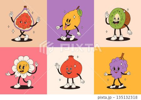 Retro groovy fruit characters. Big collection of funky happy mascots with happy smiling face. Retro groovy fruit characters. Big collection of funky happy mascots with happy smiling face. 135132318