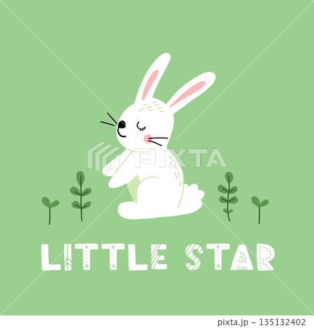 Icon of cute rabbit in cartoon style. Bunny pet silhouette. Hare and rabbit colorful illustration for childrens book, postcards and posters. 135132402
