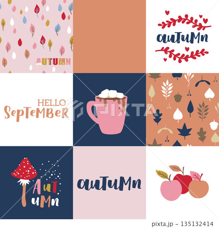 Set of autumn vector illustration with hand lettering. Trendy color palette and black ink phrases on abstract background. Cute typography elements. 135132414